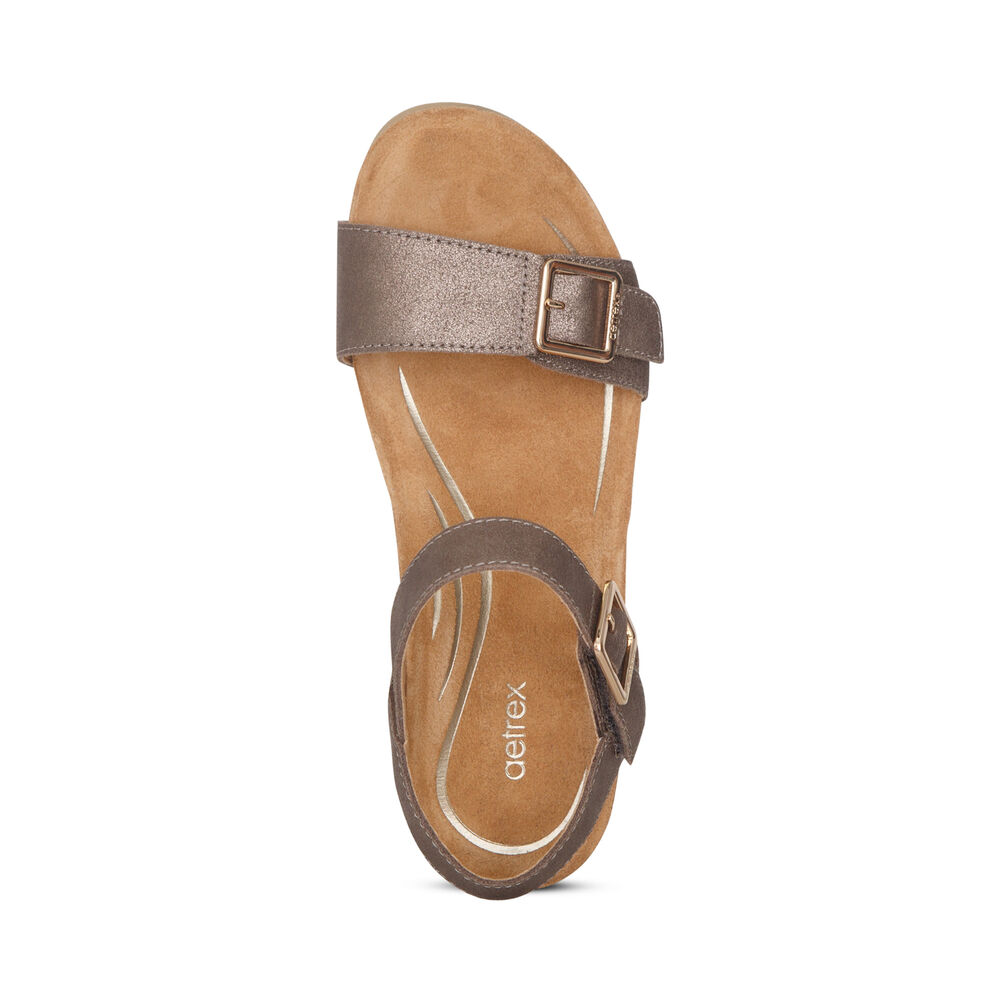 Aetrex Women's Lexa Quarter Strap Wedge Sandals - Bronze | USA KG4NENA